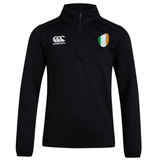 A black Ireland Club Shield 1/4 Zip Training Top by EMB Canterbury, featuring a stylish CCC logo on the left chest and an Ireland Club Shield in green, white, and orange on the right.