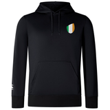 Ireland Shield Club Lightweight Hoodie by EMB Canterbury in black features a front pocket, drawstrings, and a small Ireland Shield emblem with green, white, and orange vertical stripes on the left chest.