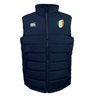 Navy blue padded vest by EMB Canterbury features Thermoreg insulation for warmth, a zip closure, and a chest logo. The Ireland Shield Core Gilet has an emblem with green, white, and orange vertical stripes.