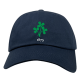 The Nations of Rugby Ireland Vintage Dad Cap by EMB S&S Activewear features a green clover and "1875" in an embroidered vintage design on the front.