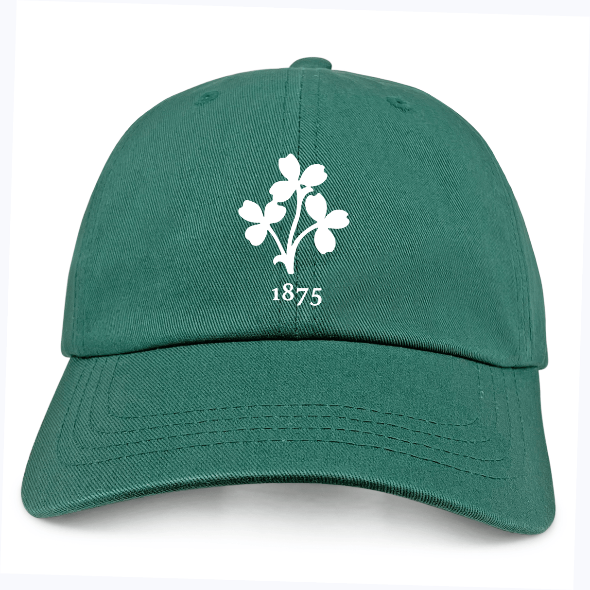 The Nations of Rugby Ireland Vintage Dad Cap by EMB S&S Activewear is a green cap with a white clover and "1875" embroidered on the front, inspired by classic vintage Irish styles.