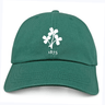 The Nations of Rugby Ireland Vintage Dad Cap by EMB S&S Activewear is a green cap with a white clover and "1875" embroidered on the front, inspired by classic vintage Irish styles.