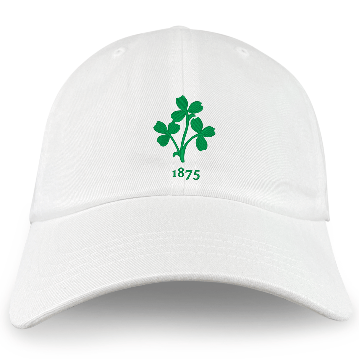 The EMB S&S Activewear Nations of Rugby Ireland Vintage Dad Cap features a white baseball cap with a green clover and “1875” embroidered on the front—a classic way to show your rugby pride.
