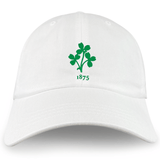 The EMB S&S Activewear Nations of Rugby Ireland Vintage Dad Cap features a white baseball cap with a green clover and “1875” embroidered on the front—a classic way to show your rugby pride.