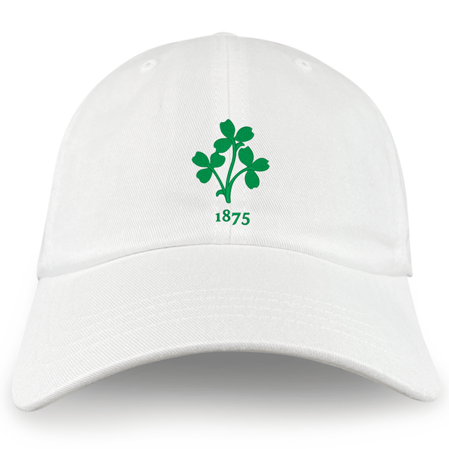 The EMB S&S Activewear Nations of Rugby Ireland Vintage Dad Cap features a white baseball cap with a green clover and “1875” embroidered on the front—a classic way to show your rugby pride.