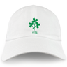 The EMB S&S Activewear Nations of Rugby Ireland Vintage Dad Cap features a white baseball cap with a green clover and “1875” embroidered on the front—a classic way to show your rugby pride.