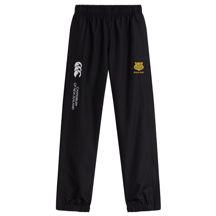 Introducing the Illinois State University Cuffed Hem Stadium Pant by EMB Canterbury. These black rugby pants feature the iconic Canterbury of New Zealand logo on the left and a striking yellow animal emblem on the right. Designed with an elastic waistband and cuffed hem, they offer both style and comfort for any athletic occasion.