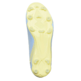 The yellow sole of the IDA Sports IDA Helia Club FG - Light Blue women’s soccer cleat features conical and bladed studs, shown from below against a white background—perfect firm ground boots for top performance.