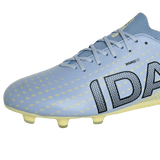 The IDA Sports IDA Helia Club FG - Light Blue women's soccer cleats feature yellow studs, a yellow dot pattern, blue laces, and "WMNS FIT" above bold black and white text—ideal firm ground boots for comfort and style on the field.