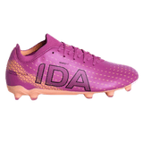 The IDA Helia Club FG - Dark Pink by IDA Sports is a women's soccer cleat in pink with black geometric patterns, large "IDA" branding on the side, and peach-colored studs—ideal for female football enthusiasts.
