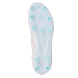 The underside of the IDA Sports IDA Helia Club FG/AG in White/Blue showcases light blue studs and subtle red accents on the sides, making it a great choice for beginners or anyone seeking versatile women’s soccer boots designed for both firm ground (FG) and artificial grass (AG) play.
