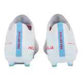 Back view of two white IDA Helia Club FG/AG women’s soccer cleats by IDA Sports, featuring blue soles and stripes with “YOU GOT THIS” and “HELIA” printed in red—ideal beginner boots for aspiring players.