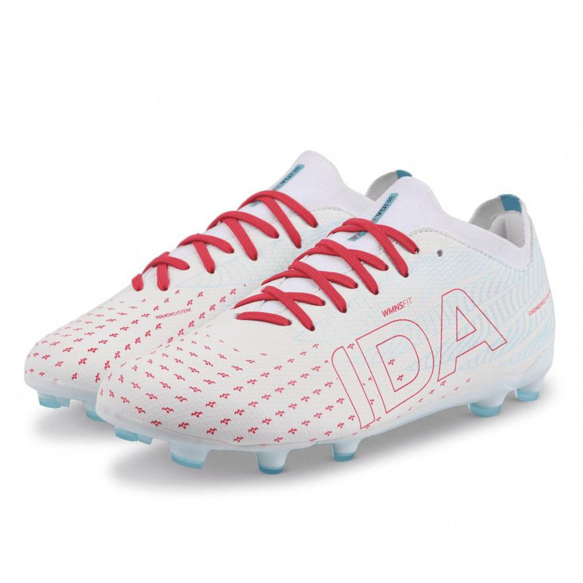 A pair of women’s IDA Helia Club FG/AG soccer cleats by IDA Sports in white and blue, featuring red laces, red accents, and blue studs. Designed for beginners, these FG/AG boots combine stylish detailing and performance to support players as they start their soccer journey.