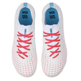 A pair of IDA Sports IDA Helia Club FG/AG women’s soccer cleats in white and blue, featuring red laces, a blue interior, and patterned pink dots, viewed from above.