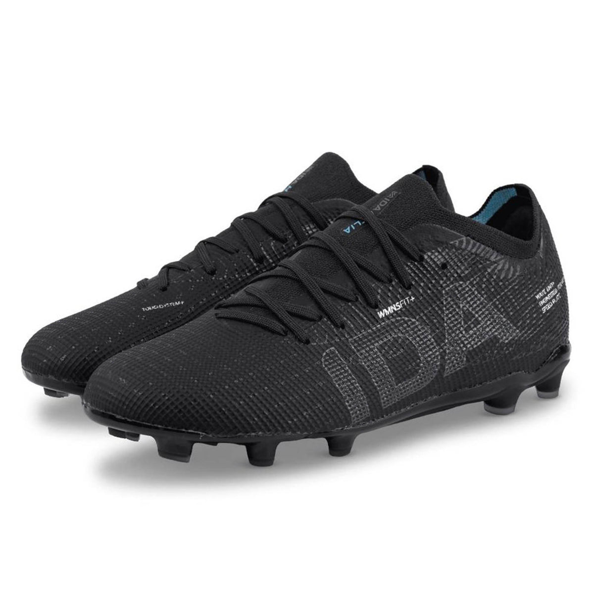 Introducing the IDA Sports IDA Helia Elite FG/AG Women’s Soccer Cleats in Black/Dark Grey—an elite pair designed specifically for women, featuring textured black surfaces, black laces, molded studs on the soles, and white branding and text visible on the sides.