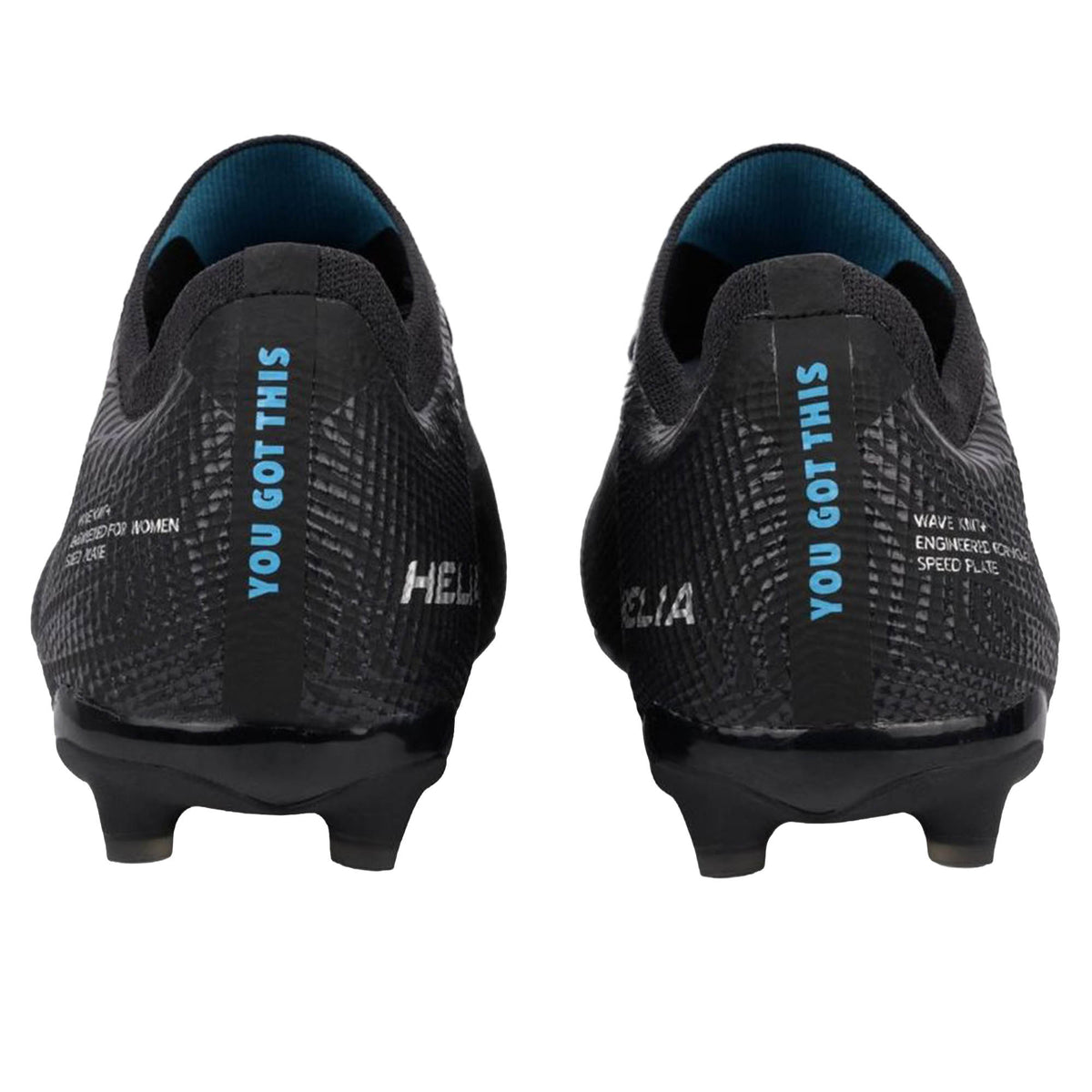Back view of two IDA Sports IDA Helia Elite FG/AG soccer cleats in Black/Dark Grey, featuring blue “YOU GOT THIS” text on the heel tabs and a textured pattern on the uppers.