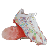 A pair of IDA Sports Helia Elite Limited Edition Pride FG women's soccer cleats in white, with multicolored geometric patterns, "IDA" branding on the side, and pink-tinted translucent firm ground soles.