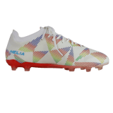 The IDA Sports Helia Elite Limited Edition Pride FG, a white women’s soccer cleat with rainbow stripes, a red sole, and “HELIA” in blue on the side, is shown against a plain background—ideal for firm ground play.