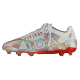 The IDA Helia Elite Limited Edition Pride FG by IDA Sports is a white women’s soccer cleat with multicolored geometric patterns, “IDA” on the side, white laces, and a red studded sole—perfect for firm ground play.