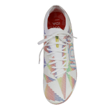 Top view of the IDA Sports Helia Elite Limited Edition Pride FG women’s soccer cleats in white, with multicolored diagonal stripes, white laces, and a red insole—ideal for firm ground play.