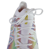 Close-up of the IDA Sports IDA Helia Elite Limited Edition Pride FG women’s soccer cleats, with colorful geometric patterns and white laces, designed for firm ground surfaces and shown from above.