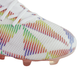 Close-up of the IDA Sports IDA Helia Elite Limited Edition Pride FG women’s soccer cleats with multicolored diagonal stripes and white laces, designed for firm ground play, shown against a plain background.
