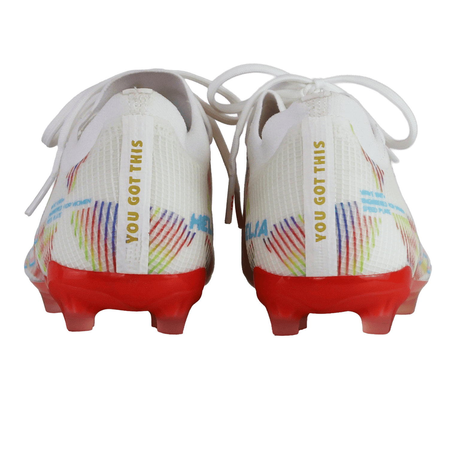 Back view of two IDA Sports Helia Elite Limited Edition Pride FG women’s soccer cleats, featuring red firm ground soles, rainbow accents, and "YOU GOT THIS" on the heel tabs.