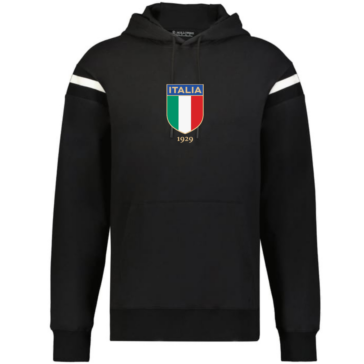 The WRS Augusta Italy Heritage Prep Vintage Shield Hoodie features white arm stripes and an "ITALIA 1929" crest in Italian flag colors—a true nod to vintage style.