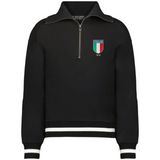 The EMB Augusta Women's Vintage Italy Heritage Prep Pullover is a black quarter-zip with white stripes on the cuffs and hem, showcasing an Italia 1939 crest in flag colors on the left chest to honor Italian heritage.