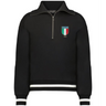 The EMB Augusta Women's Vintage Italy Heritage Prep Pullover is a black quarter-zip with white stripes on the cuffs and hem, showcasing an Italia 1939 crest in flag colors on the left chest to honor Italian heritage.