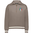 Show your Italy pride in the EMB Augusta Women's Vintage Italy Heritage Prep Pullover—a taupe quarter-zip with white striped cuffs and hem, plus an "Italia 1919" badge in Italian flag colors on the left chest.