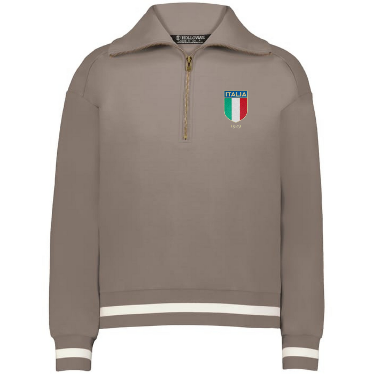 Show your Italy pride in the EMB Augusta Women's Vintage Italy Heritage Prep Pullover—a taupe quarter-zip with white striped cuffs and hem, plus an "Italia 1919" badge in Italian flag colors on the left chest.