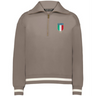 Show your Italy pride in the EMB Augusta Women's Vintage Italy Heritage Prep Pullover—a taupe quarter-zip with white striped cuffs and hem, plus an "Italia 1919" badge in Italian flag colors on the left chest.
