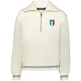 The EMB Augusta Women's Vintage Italy Heritage Prep Pullover features an off-white half-zip collar, gray-striped cuffs and hem, and an "Italia 1939" chest crest for classic Italian heritage style.