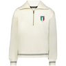The EMB Augusta Women's Vintage Italy Heritage Prep Pullover features an off-white half-zip collar, gray-striped cuffs and hem, and an "Italia 1939" chest crest for classic Italian heritage style.