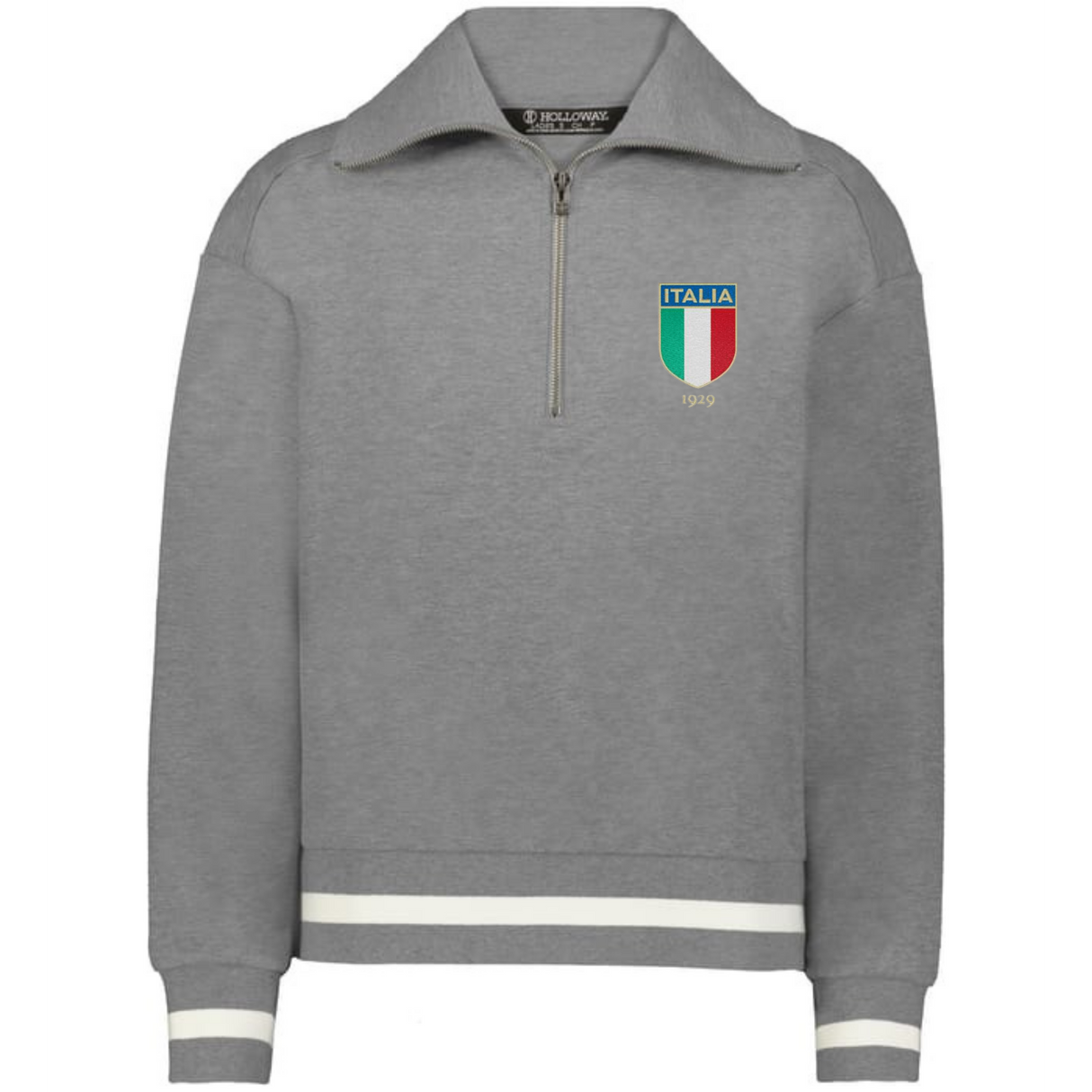 The EMB Augusta Women's Vintage Italy Heritage Prep Pullover features white-striped cuffs and hem, a gray quarter-zip design, and an Italia 1919 badge—perfect for showing Italian pride in a women's prep style.