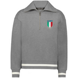 The EMB Augusta Women's Vintage Italy Heritage Prep Pullover features white-striped cuffs and hem, a gray quarter-zip design, and an Italia 1919 badge—perfect for showing Italian pride in a women's prep style.