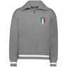 The EMB Augusta Women's Vintage Italy Heritage Prep Pullover features white-striped cuffs and hem, a gray quarter-zip design, and an Italia 1919 badge—perfect for showing Italian pride in a women's prep style.