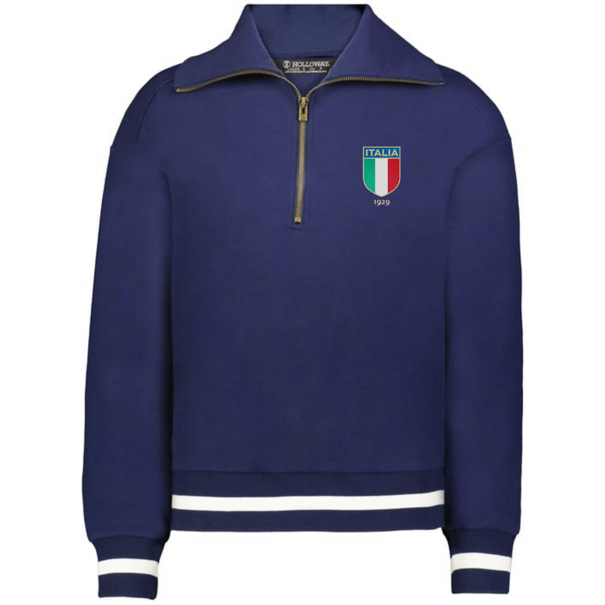 The EMB Augusta Women's Vintage Italy Heritage Prep Pullover features blue fabric, white-striped cuffs and hem, and an Italy 1939 crest on the left chest—a tribute to classic women’s prep and Italy heritage style.