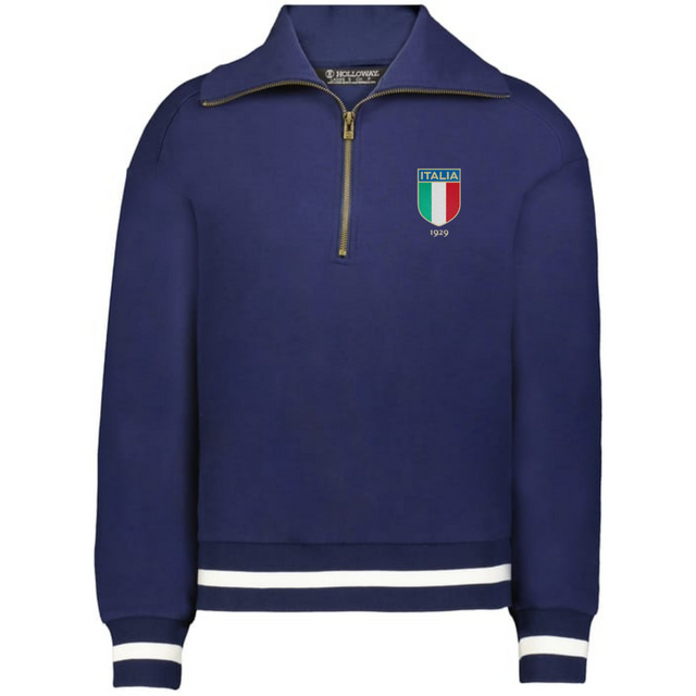 The EMB Augusta Women's Vintage Italy Heritage Prep Pullover features blue fabric, white-striped cuffs and hem, and an Italy 1939 crest on the left chest—a tribute to classic women’s prep and Italy heritage style.