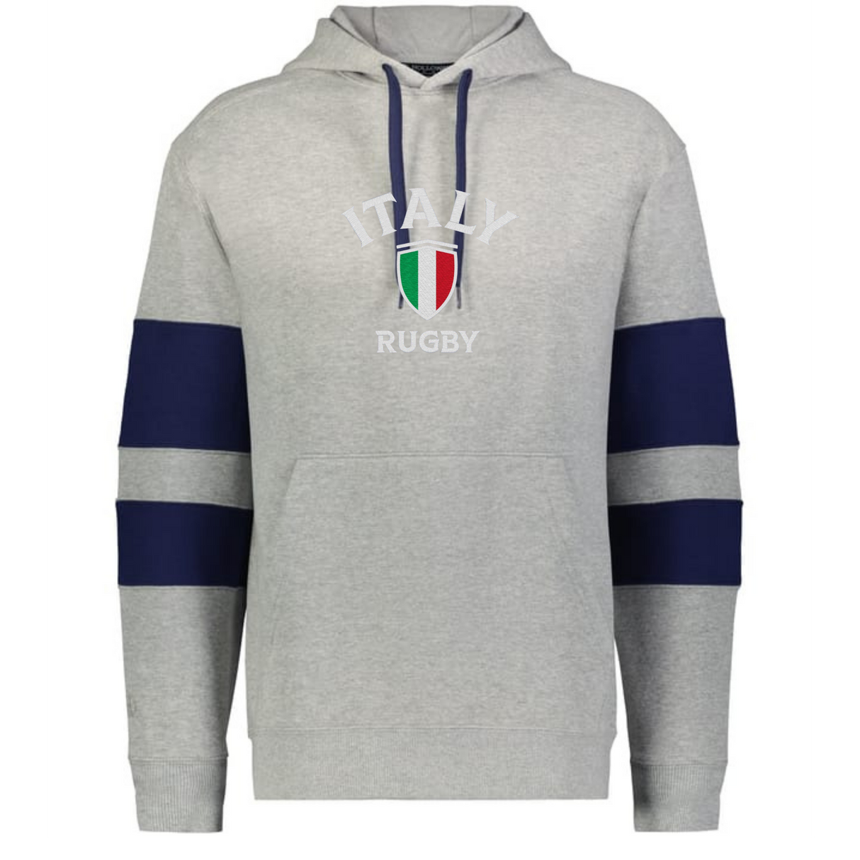 The WRS Augusta Nations of Rugby Italy Jackson Way Hoodie is light grey with navy blue sleeve stripes, a front pocket, and an "ITALY RUGBY" emblem with the Italian flag crest on the chest.