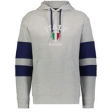 The WRS Augusta Nations of Rugby Italy Jackson Way Hoodie is light grey with navy blue sleeve stripes, a front pocket, and an "ITALY RUGBY" emblem with the Italian flag crest on the chest.