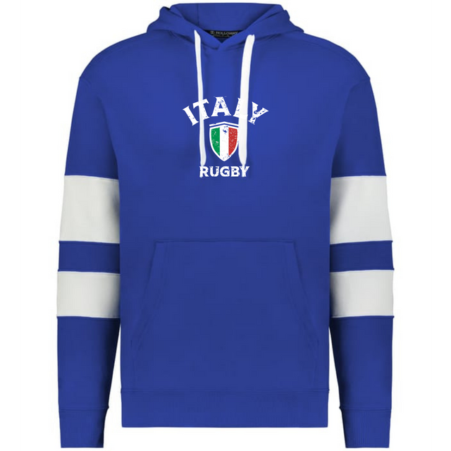 The WRS Augusta Nations of Rugby Italy Jackson Way Hoodie features white drawstrings, two white sleeve stripes, and an "Italy Rugby" logo with the Italian flag shield—perfect for rugby fans.