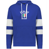 The WRS Augusta Nations of Rugby Italy Jackson Way Hoodie features white drawstrings, two white sleeve stripes, and an "Italy Rugby" logo with the Italian flag shield—perfect for rugby fans.