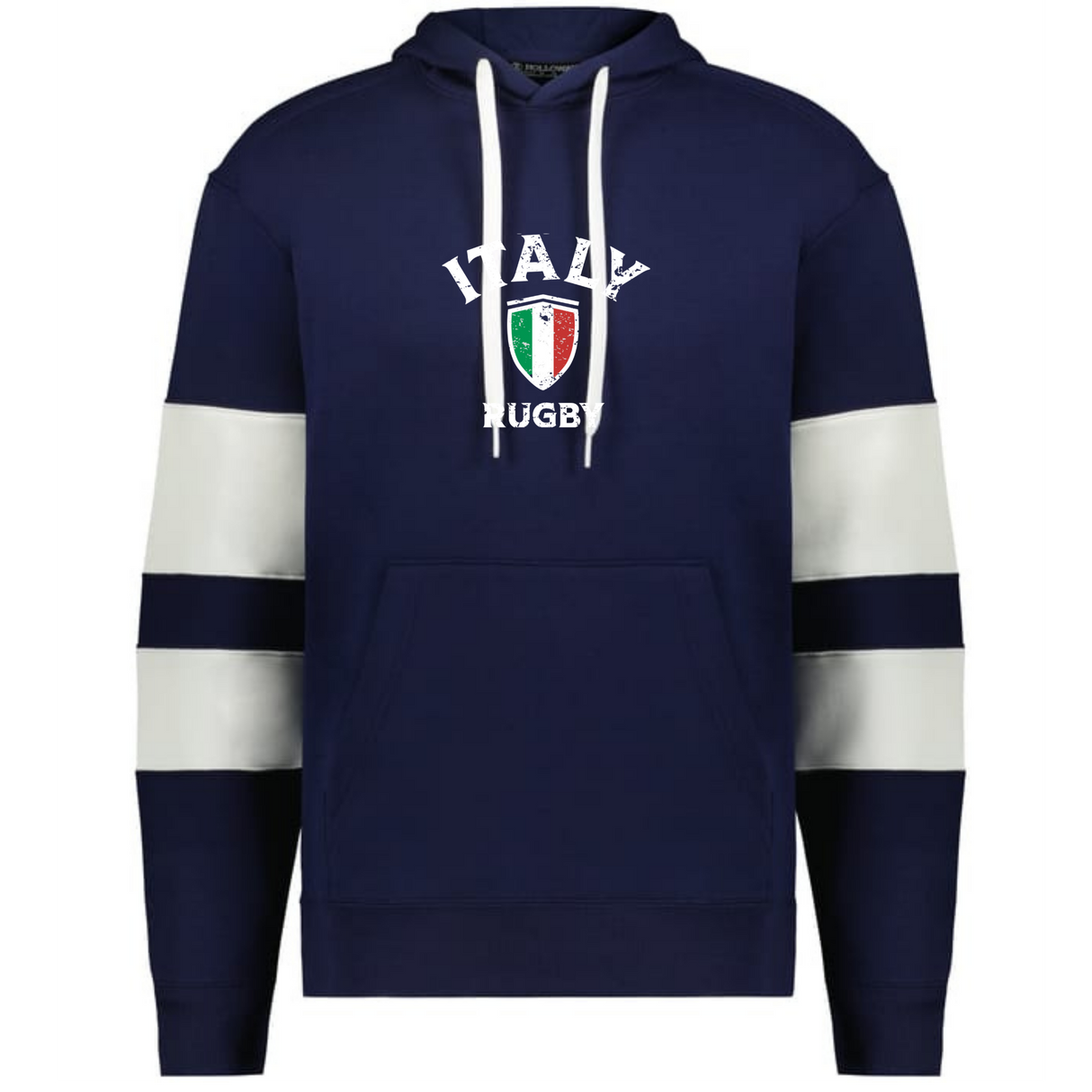 The WRS Augusta Nations of Rugby Italy Jackson Way Hoodie features a navy blue design, white drawstrings, striped sleeves, and "Italy Rugby" above an Italian flag crest on the chest.