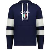 The WRS Augusta Nations of Rugby Italy Jackson Way Hoodie features a navy blue design, white drawstrings, striped sleeves, and "Italy Rugby" above an Italian flag crest on the chest.