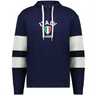 The WRS Augusta Nations of Rugby Italy Jackson Way Hoodie features a navy blue design, white drawstrings, striped sleeves, and "Italy Rugby" above an Italian flag crest on the chest.