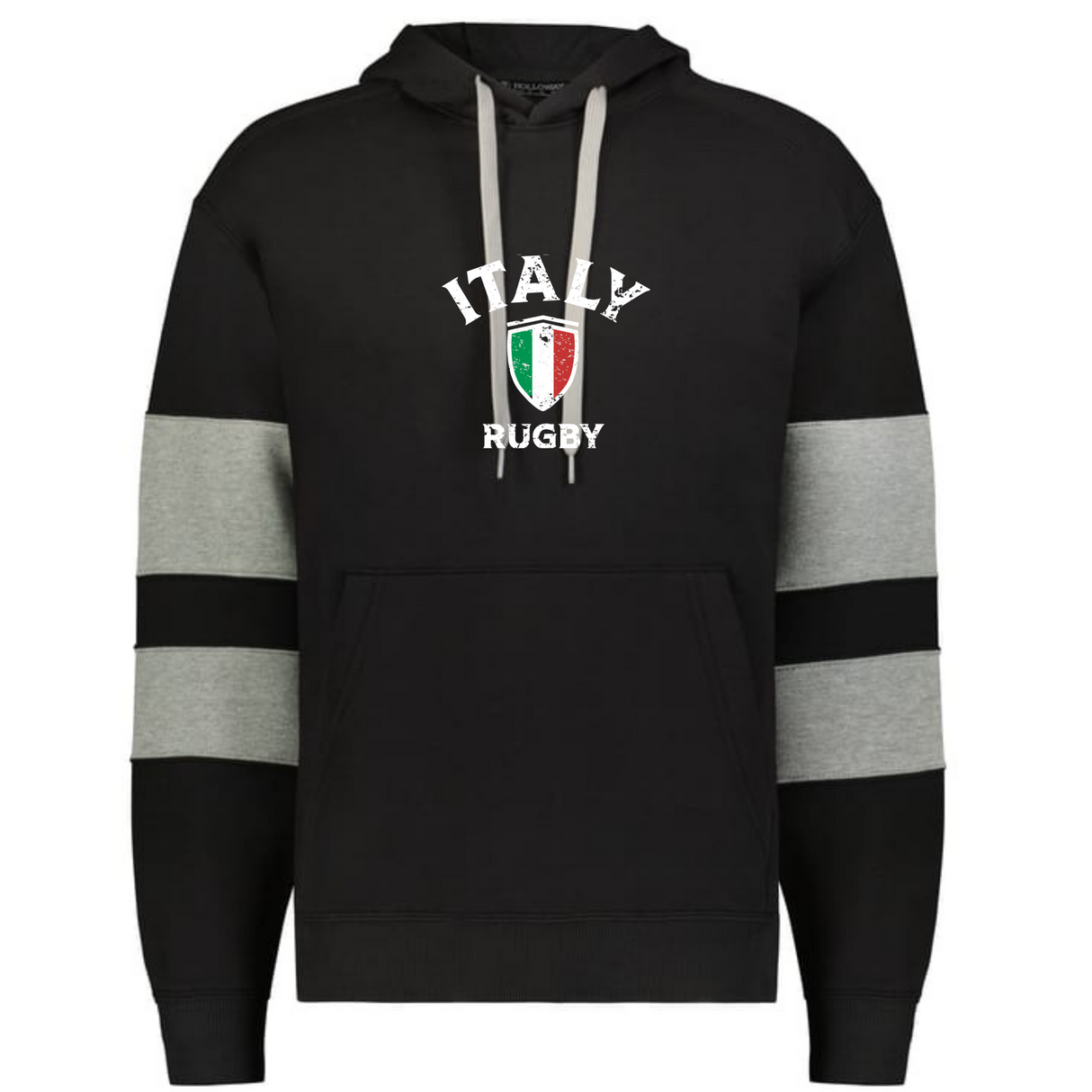 The WRS Augusta Nations of Rugby Italy Jackson Way Hoodie is a black hoodie with gray sleeve stripes, "ITALY RUGBY" text, and an Italian flag crest on the chest.