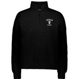 The EMB Augusta Women's Nations of Rugby Italy Jackson Way Pullover is a black quarter-zip featuring "ITALY RUGBY" and an Italian flag emblem—perfect for rugby supporters.