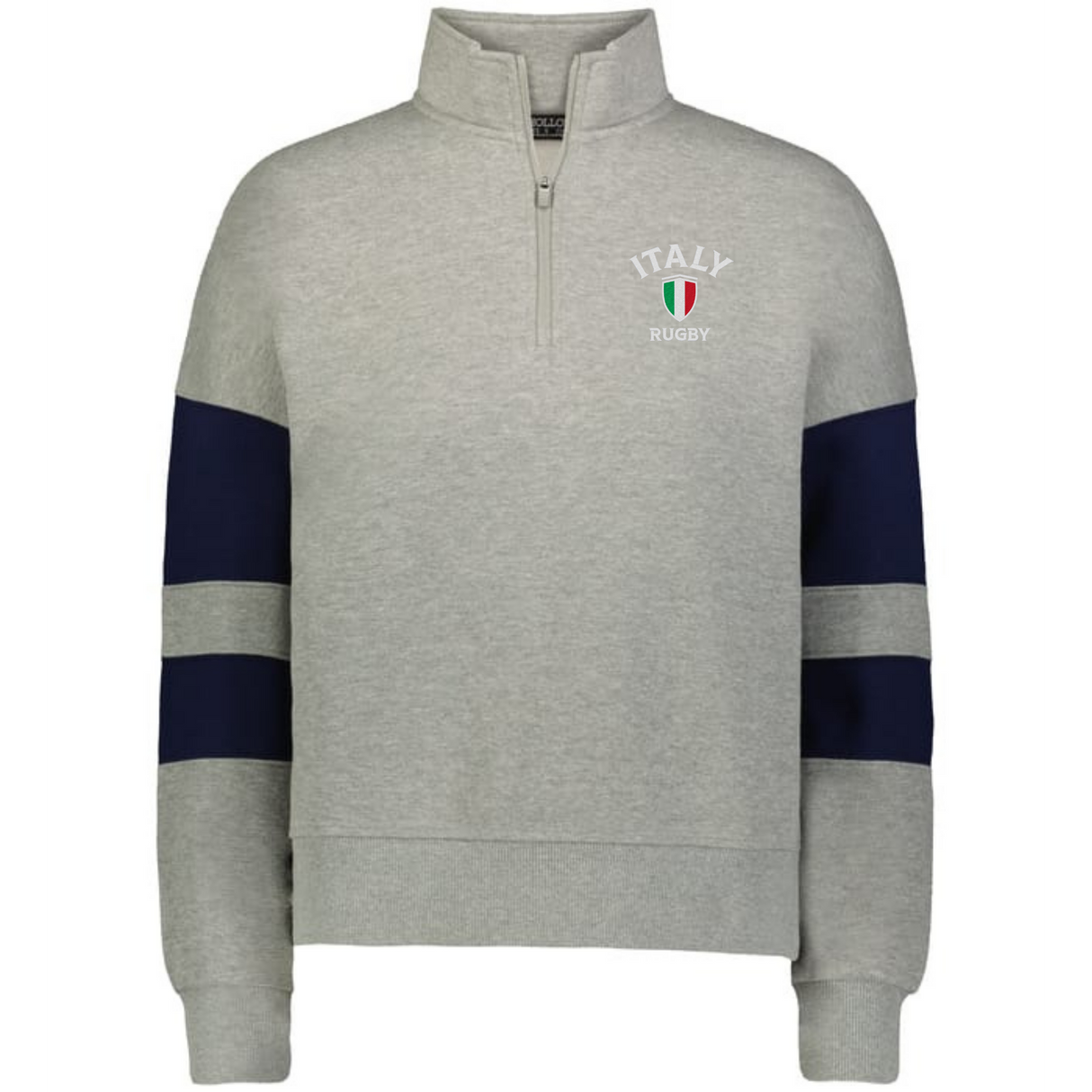 The EMB Augusta Women's Nations of Rugby Italy Jackson Way Pullover is a light grey quarter-zip sweatshirt with navy sleeve stripes and an "Italy Rugby" flag logo on the upper left chest—ideal for rugby supporters.